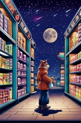 Draw on textures、Japanese Manga、   funny wolf human 、A werewolf shopping in a futuristic city  、The store clerk is also a werewolf.、