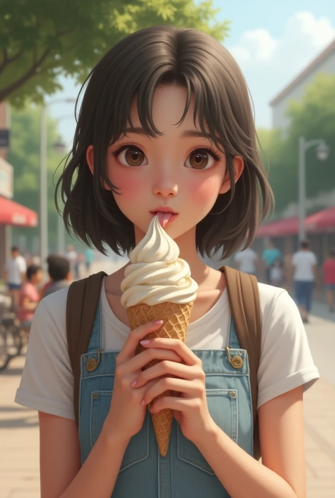 short-haired loli girl eats ice candy full of her mouth