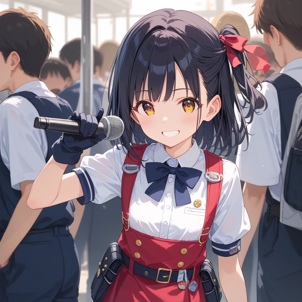 score_9, score_8_up, score_7_up, source_anime, best quality, masterpiece, break, Very cute junior high school girl , small breast, small hips, Black Hair, half updo hair ribbon, break, upper body zoomed, break,  1 microphone in one hand ,  lifts her skirt with her opposite hand,  Smile Singing Song , break, Idolmaster Costumes, gloves, dress, Best, Pouch on belt, break, ( too many exited audience around a girl in background:1.2), ( exited audience take a video :1.2), break,  Live Venue Indoor Hall , (random seed 52 : 0) 