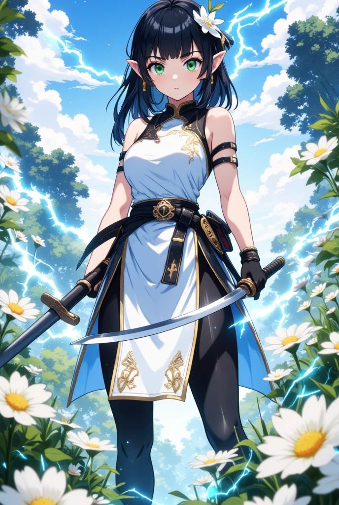 1girl, A cute elf, blunt bangs, black Hair with ornament of a white lily, deep green eyes, detailed beautiful eyes, Pointy Ears, breasts, White Sleeveless mini Cheongsam with flower prints, (black pantyhose), thigh, (white boots), holding, holding weapon, holding katana, (katana between breasts), (human scabbard:1.2), electricity, musou isshin \(genshin impact\), aesthetic pose, ready-to-fight, background Surrounded by white flowers