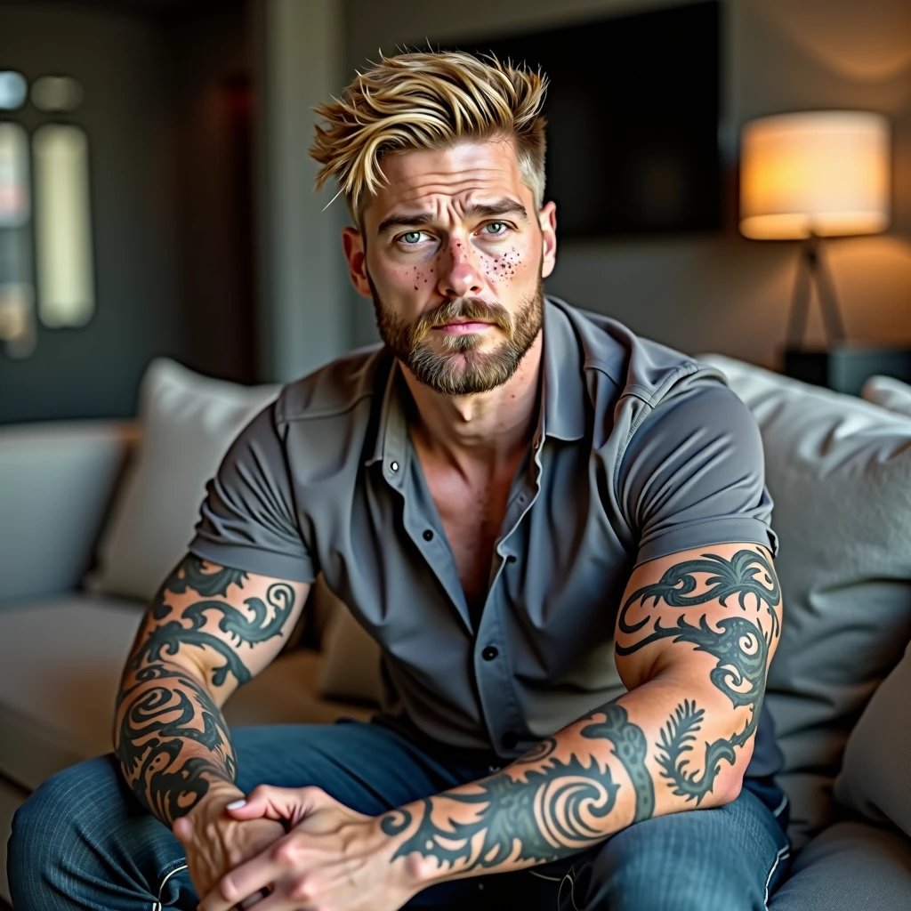 Very handsome tall blond man with green eyes and a toned body with a tattoo sitting in an armchair