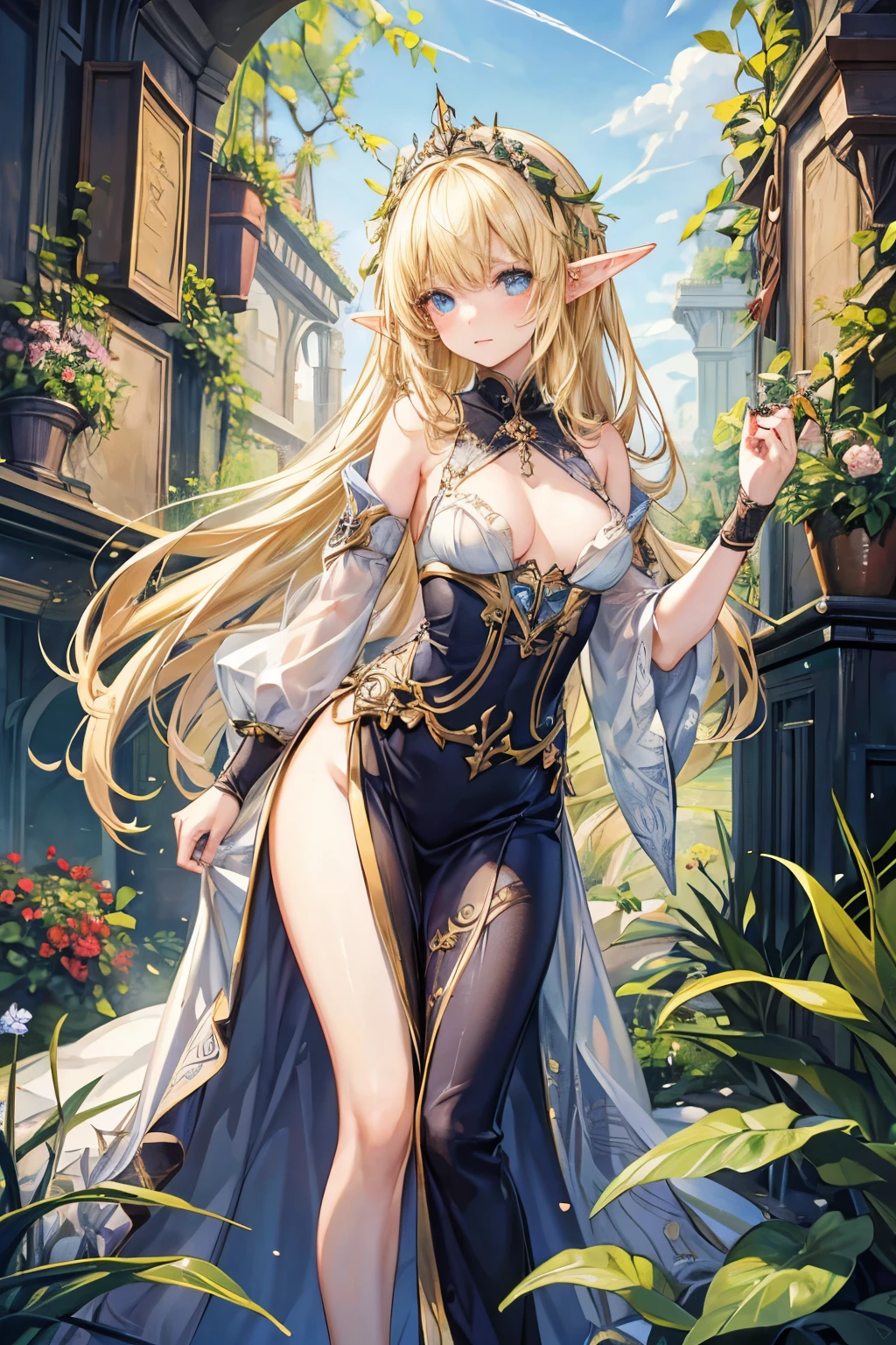 masterpiece,Best Quality, very detailed,beautiful girl, teenager,Elf Princess,Hanging Garden, small breasts, Thin Waist,Blonde, perfect eyes, so cute