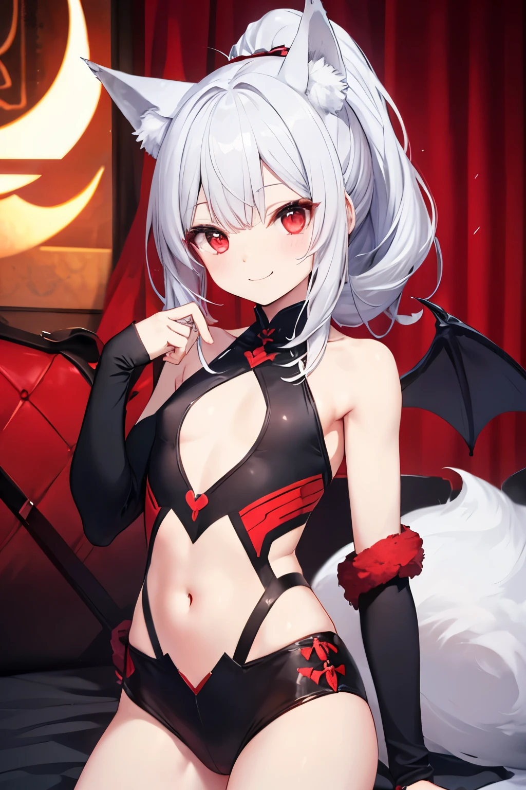Sexy young looking girl. Evil grin. Anime style. Sharp fang teeth. NSFW