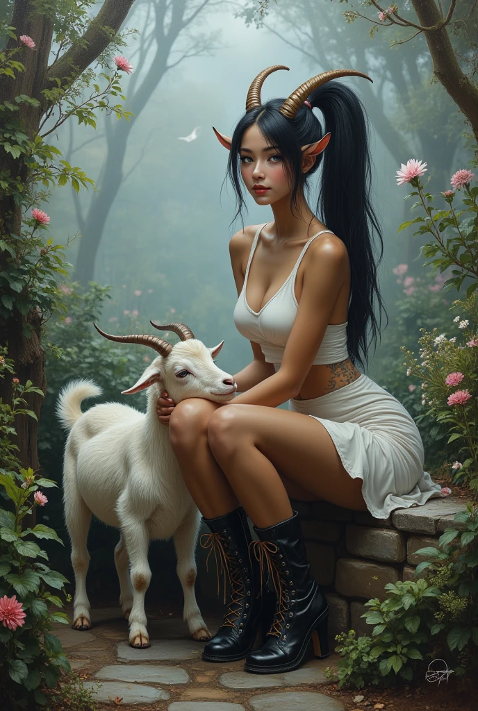 Realistic oil painting of a very sexy goat woman with long black hair combed into a long ponytail, Italian type face, tall and thin, with large breasts, gray eyes, big beautiful eyelashes, dressed in a tight white short mini dress with a large neckline and open shoulders, combat boots on high heels, sitting in a seductive pose in the garden of another world with flowers in her hands. The horns on the top of her head give her a charming look. Standing next to her is a very cute, little white goat with small horns and big eyes. The scene is shrouded in mist creating a mysterious atmosphere, a stone path decorated with various plants. This whimsical photo reflects the magical essence of nature