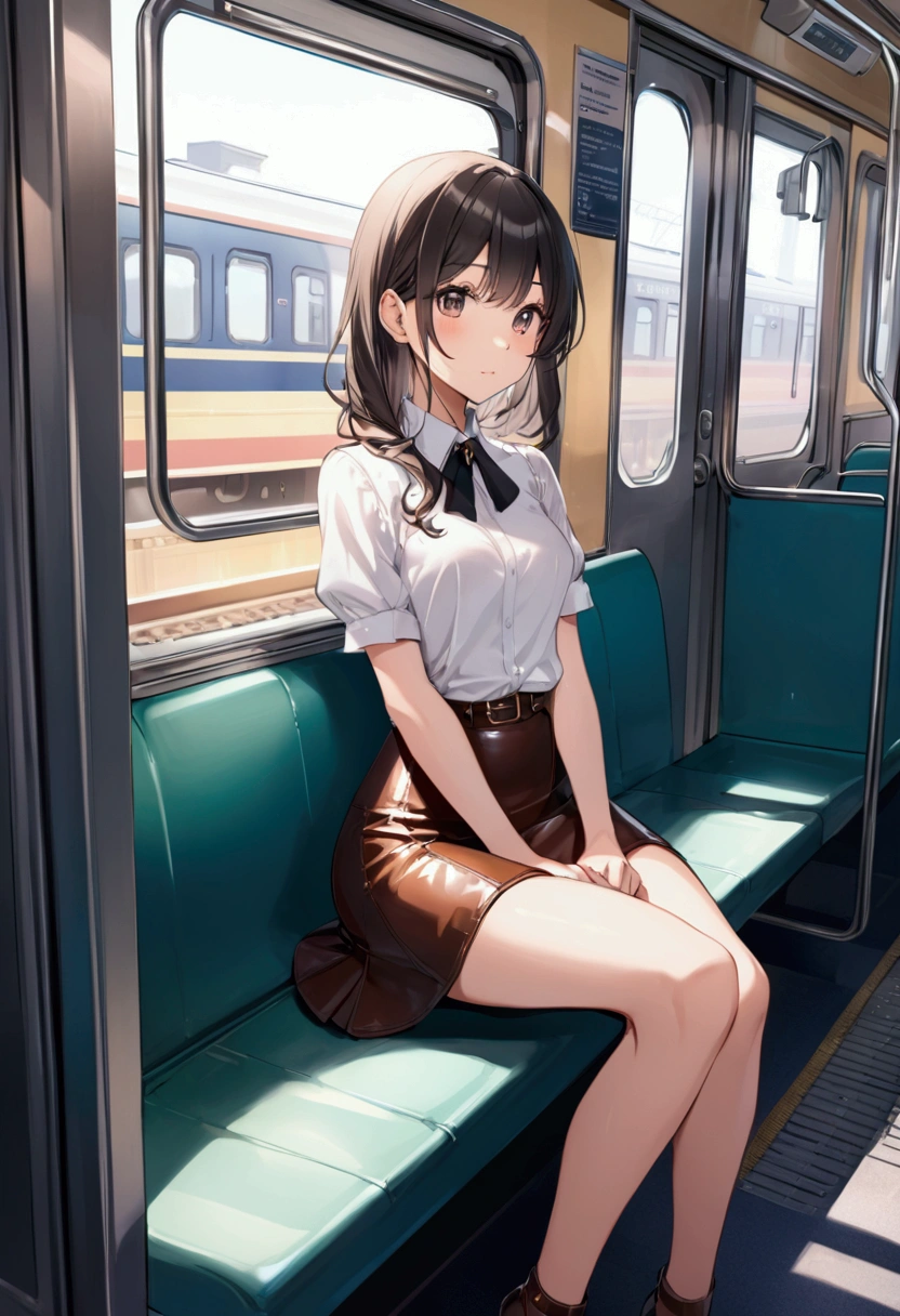 (1) sitting alone on a long train seat,Sit with your legs apart,Showing white panties, Composition from the front,Low Angle,
(2) I&#39;There is a JK, She is wearing a miniskirt uniform, Sailor suit and loose socks.,
(3) I have medium length brown hair,
(4) Provocative, smirking expression.,
(5) The location is a long seat on the Yamanote Line at night..,There are no other customers,The view outside the window is the night view of the city.