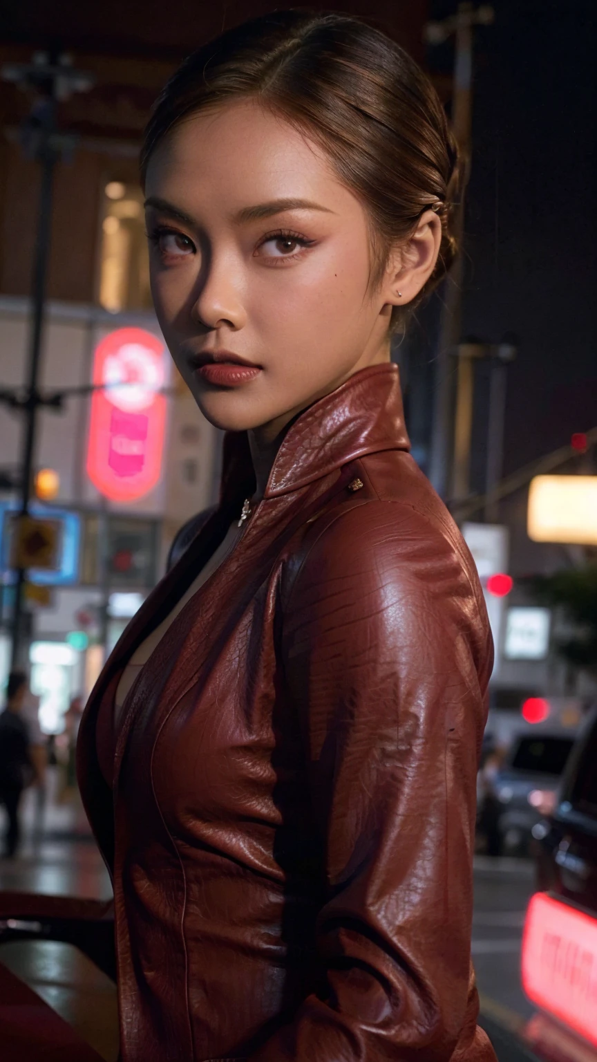 best quality, realistic, front pov, KristannaTX in a los angeles city street, (a female Indonesian supermodel), (wine red leather jacket:1.1), seductive smile, (dark hair), (updo hair:1.1), perfect eyes, sharp details, detailed face, face makeup, cheeks blush, eyeliner, eyeshadows, lip gloss, supermodel, (deep focus), (hard lighting), (night time), (realistic lighting:1.0)