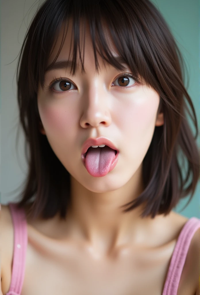 Picture of a woman's face 、( sharp focus ), From below, ( please kneel and look upward:1.10), ((Open your mouth:1.6)), ( stick out your tongue:1.8), (Ultra-detailed beautiful faces:1.10), (Ultra-detailed beautiful slim body:1.9), 21 years old, ( Super Detailed Beautiful Japanese Beauty Female Idols:1.7), ( troubled face:1.3), Woman in the center of the image, break,  photorealistic,  hyperrealism,  portrait of young adorable Japanese face, Japanese facial features,  Young and Cute Skinny Oriental Faces,  Bust Up Shot, 21 years old idol with a cute face,  beautiful Japanese girl's face , Japanese facial features,  she has a lovely look , ( micro bikini :1.5), 