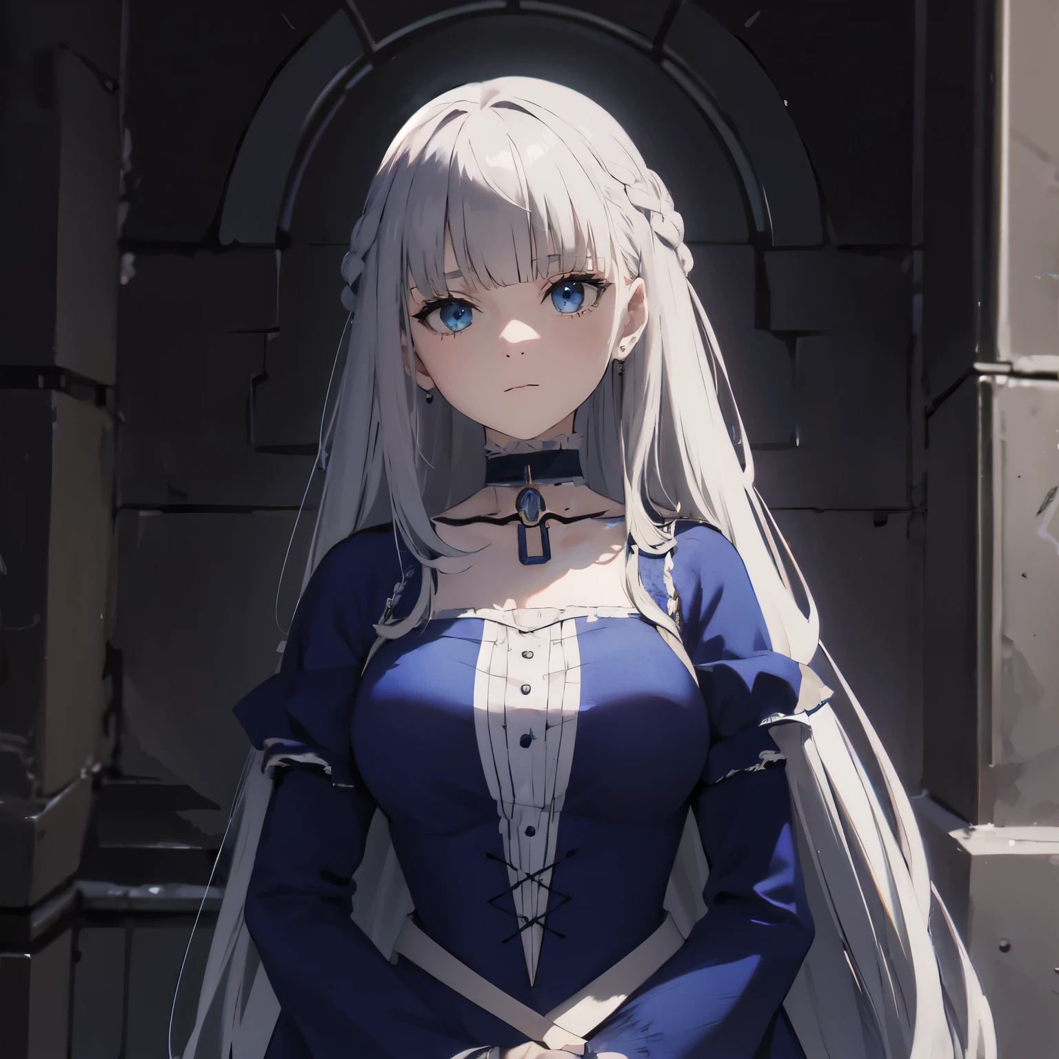 big tits, blue dress, gothic dress, long Sleeves dress, silver hair, blue eyes, long hair, bangs, upperbody, look at camera, emotionless, choker