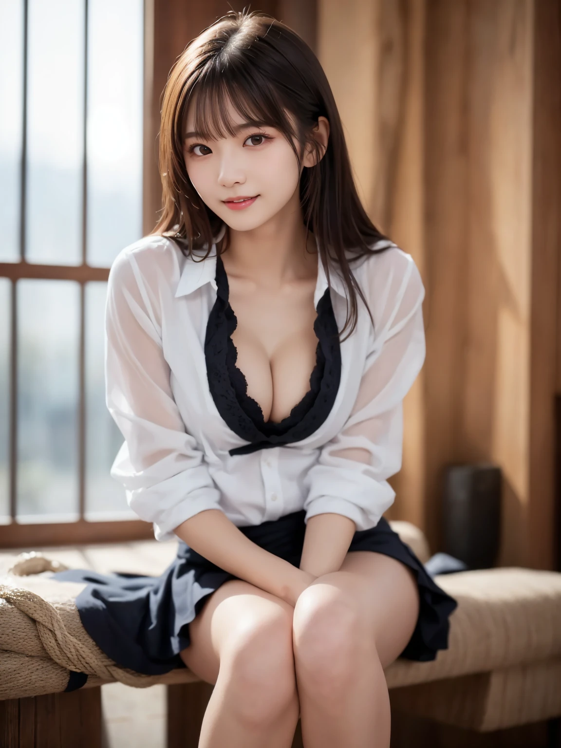  white shirt 、 complex and beautiful eyes、woman、 womanらしい黒髪、(Long and beautiful legs : 1.5), (Mysterious One Piece : 1.6), skirt、(Delicate and realistic hair、１Realistic hair)、bangs、 natural colored lips、(smile : 1.1)、((White Indoor))、((18歳woman:1.2))、 young and adorable Japanese face wrapping a rope around their legs,  official art， very detailedなCGユニティ8Kの壁紙，（masterpiece:1.0),(Best Quality:1.0), 超 high resolution on down,4K, very detailed, photo shoot, 8k,  NFSDW,  high resolution on down,  Kodak Portrait 400 ,  film grain,  lens flare glow ,高いest quality,8k, NFSDW:1.2),  Portrait Shot ,8k、 viewer, (((Front View))), (((Front View))), ((facing))、 body facing forward、Bold cleavage、 tight chest、 small face, Best Quality、 Super beautiful images、stand up