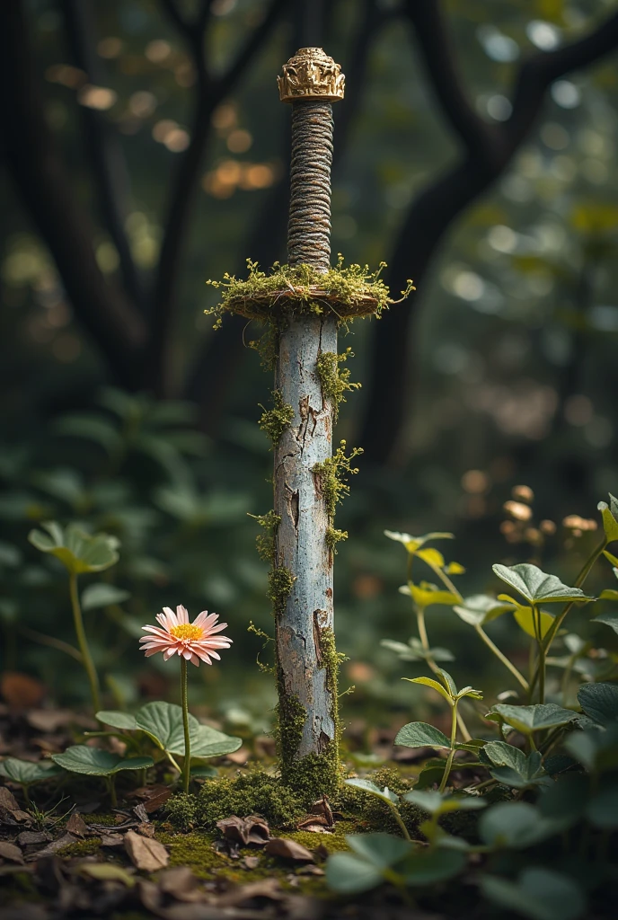  katana，覆盖着青苔和植物的腐烂katana，katana，katana, Signs of decay,katana，Small Flower, in the dark,in conclusion,photography