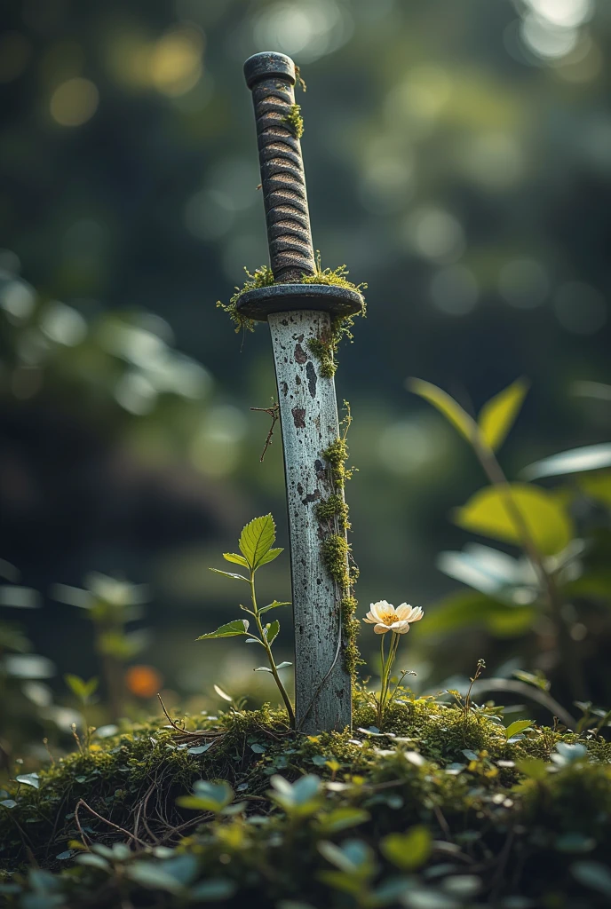  katana，覆盖着青苔和植物的腐烂katana，katana，katana, Signs of decay,katana，Small Flower, in the dark,in conclusion,photography