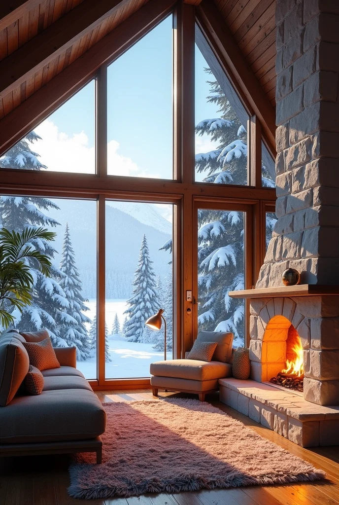 Comfortable mountain villa,Surrounded by stunning scenery, Large windows let in natural light,Enjoy panoramic views of the snow-capped mountains. The interior is decorated with comfortable furniture, A lit fireplace and a cozy atmosphere, Invites you to relax,Enjoy the tranquility of nature