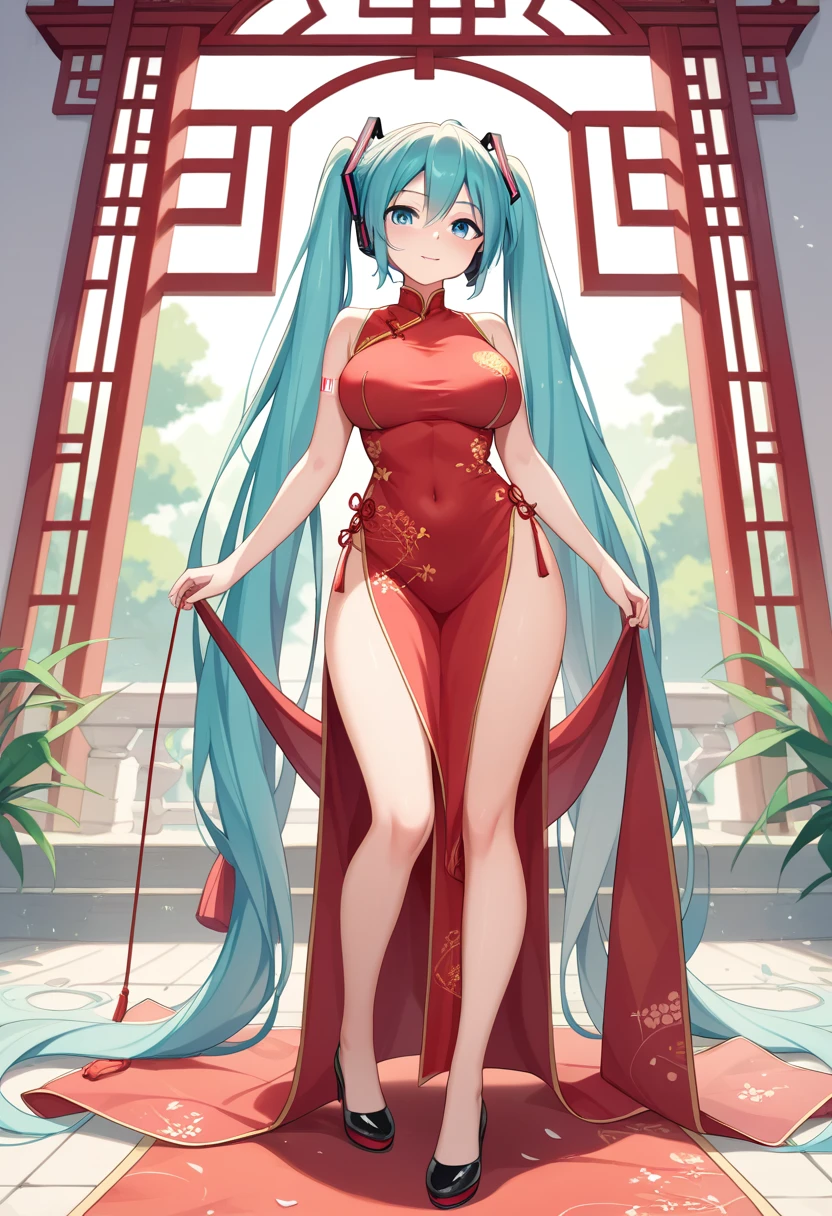 realistic image, coherent image, detailed image, 1 beautiful elf. She has black hair, long hair. Turquoise eyes, long eyelashes. Her face is oval and delicate. Smiling happily. She is wearing a Cheongsam, side slits. She has a curvy body, medium breasts and thick thighs. Chinese temple, flower petals falling around. ambient light, volumetric light,