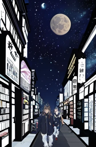  texture on the background、 Science Fiction Comics、Japanese Manga、  Comical Wolves Humans 、A werewolf shopping in a futuristic city 、The store clerk is also a werewolf.、