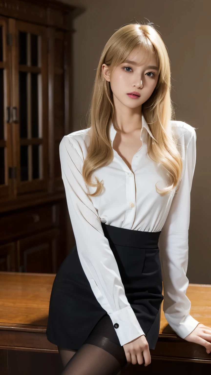 A woman in black pantyhose stands in her office, Wearing a black hip skirt and white shirt,Long yellow hair, blacksilk, Very white skin,, Very sexy hip skirt,,black heels