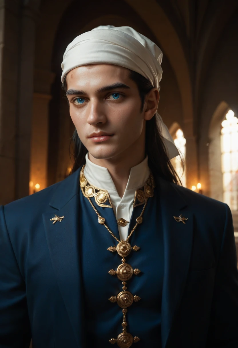 score_9, score_8_up, score_7_up, score_6_up, source_anime, masterpiece, newest, realistic beautiful Turkish  (((( man))) (25 years old) ,  blue eyes,  moderately pumped  ,  in a white turban embroidered with gold threads with a piece of blue fabric on the right shoulder,  black long straight hair is tucked behind your back in a beautiful Turkish castle ,
