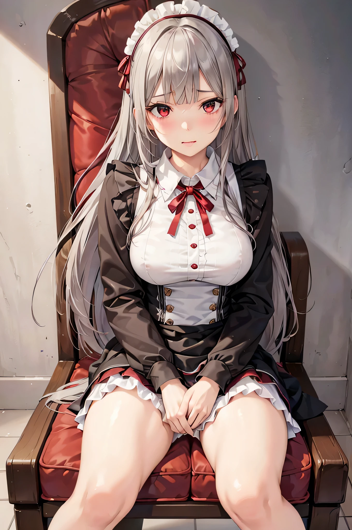  adult woman laughing, Alone,  sexy,8K resolution,((Best Quality)), super high definition, (Sad face), (Red eyes),  Beautiful Symmetrical Face , ( silvery long hair), maid clothes, Miniskirt,Maid Cufflinks,Realistic:1.4,Realistic:1.4,(masterpiece:1.2), perfect eyes,Perfect Eyes, Anatomically Correct Human Body ,Perfect waist,Perfect thighs,(Open your mouth:0.8), sitting with legs open , panties, sit on chairs,(tongue:0.8),saliva,Sigh,Disarray