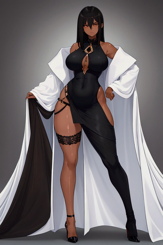 1woman, 30 years old, A beautiful athletic dark elf, fit body, dark skin, Grey skin, Red eyes, studio lighting, highly detailled, incredibly long black hair, best quality, ((masterpiece)), ((8k)), seductive smirk, wearing only a white towel, bath,