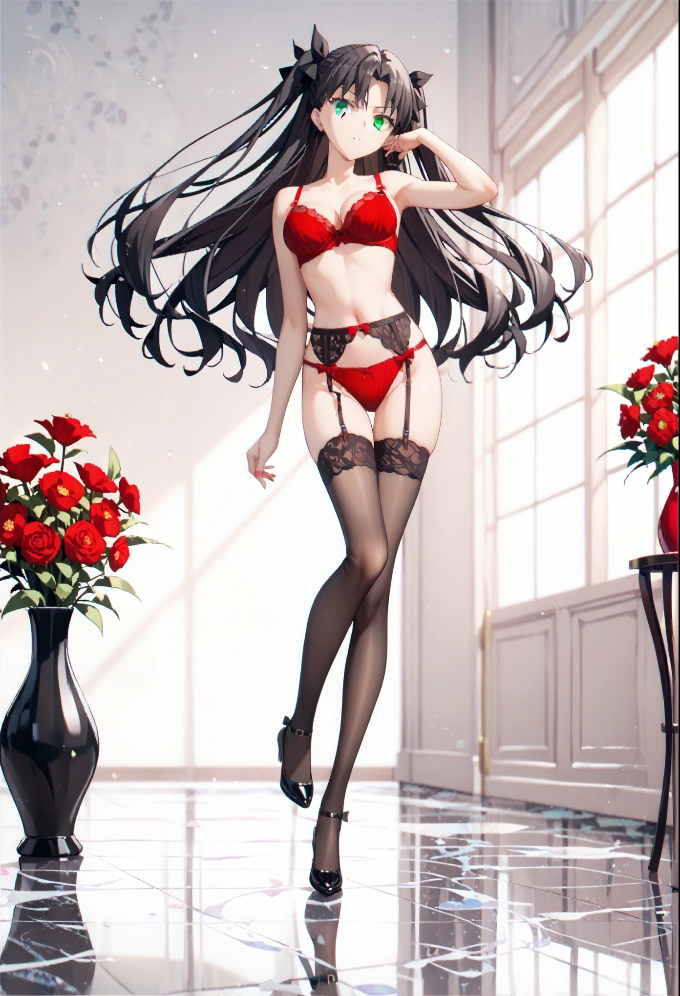 score_9, score_8_up, score_7_up, source_anime,1girl,multicoloed flowers,big vase,marble floor ,nude,underwear,,red Bra,red panties,black lace garter stockings,white thighhigh,garter belt,underwear only,dynamic pose,rin tohsaka, aqua eyes, black hair, hair ribbon, long hair, ribbon, sidelocks, two side up, parted bangs,