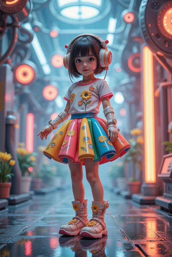 (3d，Mechanical feel， cute，ais-scrapyrd 1girl，tulip)，(Use a wide-angle lens to capture whole body images:1.9)，(masterpiece:1.1)，(Highest quality:1.1)，(HDR:1.0)， Ambient Light，Ultra high quality，( ultra-fine original illustration )，(1 woman，whole body)，( rainbow skirt )，(Plump thighs)，(Shoes made from tulip flowers: 1.5)，((Harajuku Fashion))，((Flowers with human eyes，Eye disease ))， Double Exposure ，  fusion fluid abstract art  ， fault ，(Original illustration composition)，( limited color mixing ， extreme art style ，Geometric art style), ,   colorful neon  ， high-tech mechanical parts ，Metal body， precise Vibrant gold flower design ， bright colors ， dynamic glowing flowers ， reflective metal surface ，Bright environment， dynamic posture， exquisite presence ， skill improvement ， interlocking mechanical gears ，Fashion design，Motion Blur effect，Detailed metal treatment，Sci-fi atmosphere， streamlined aerodynamic shape ， laser scanning pattern ，Holographic projection， LED light rail ， beautiful and memorable ， advanced sensors ，Complex algorithms ，ominous and mysterious atmosphere，Electric Spark，Shiny Chrome， future propulsion systems ，( is the best quality，8K， High resolution ，masterpiece:1.2)，  super detailed ，(whole body:1.8), Magazine Photography，A  cute girl image， ，((Dopamineism))，(((Dopamine color matching)))，Dopamine，(Popular on social platforms in Y2K style )，Luo Erchun，3d古风，Oriental Poetry and Painting