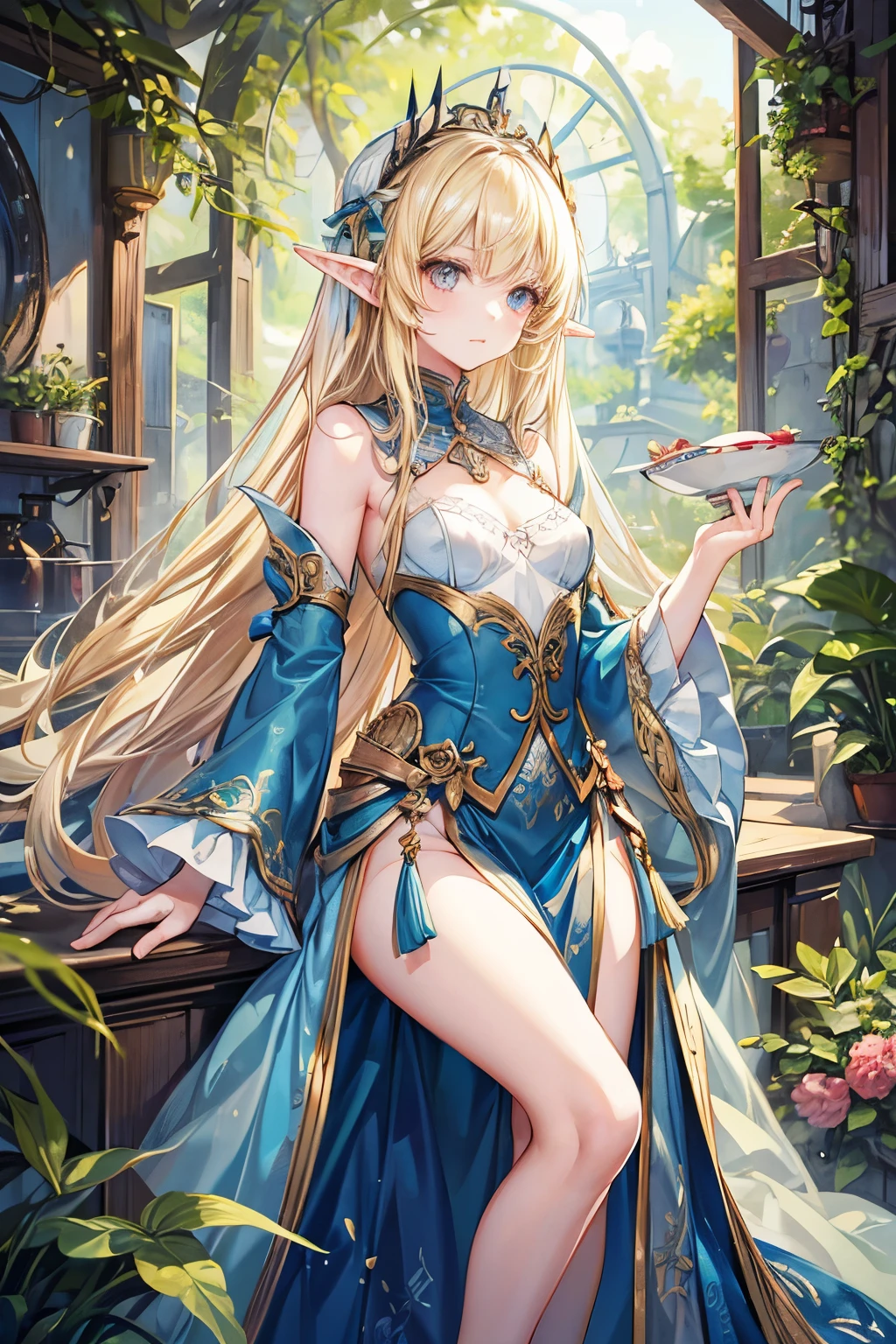 masterpiece,Best Quality, very detailed,beautiful girl, ager,Elf Princess,Hanging Garden, small breasts, Thin Waist,Blonde, perfect eyes, so cute