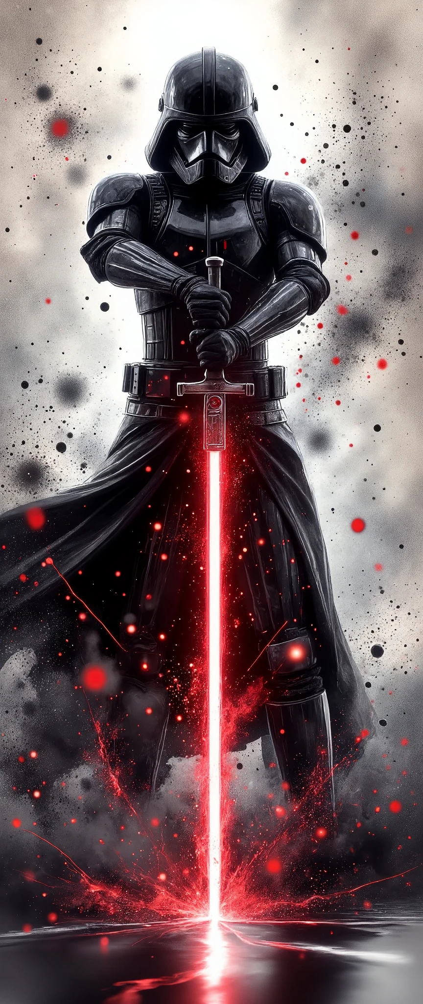 (masterpiece:1.2,exceptional quality,Mirror finish,  Cinematic Experience  ,  best illustration ,Super detailed),8k,wallpaper,(Watercolor),(Sword:2.0),( Star Wars:2.0),( armor designed to look like samurai armor :2.0),(Captain Phasma in black :2.0),(Slash:2.0),(Swordの軌跡を赤いレーザー線で表現する:2.0),( dynamic :2.0)