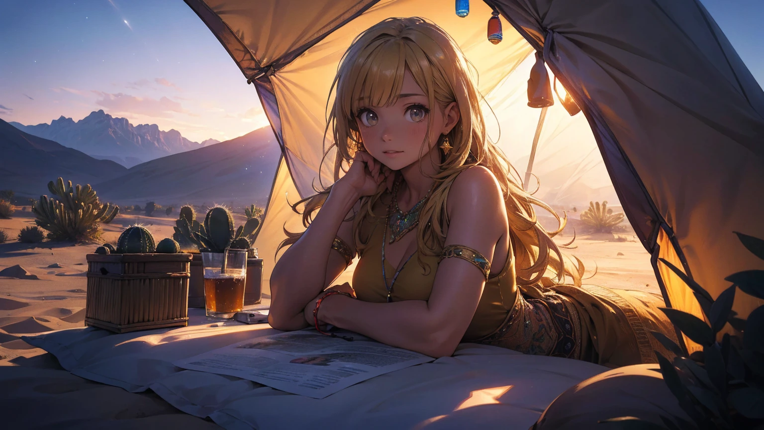 a tent in the desert with cacti, detailed desert landscape, detailed cacti, warm lighting, cute-1girl sitting in tent, golden hour lighting, detailed textures, (best quality,4k,8k,highres,masterpiece:1.2),ultra-detailed,(realistic,photorealistic,photo-realistic:1.37), HDR, UHD, studio lighting, ultra-fine painting, sharp focus, physically-based rendering, extreme detail description, professional, vivid colors, bokeh, desert photography