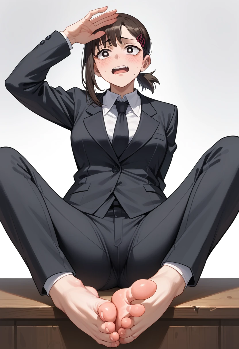 (masterpiece) (best quality) (detailed) (8k) (sharp focus), woman,  higashiyama kobeni,feet, soles,spread legs, show sole,feet focus,(big feet).detail of feet, Elijahzx style, black suit, black pants,jujutsu kaisen style,