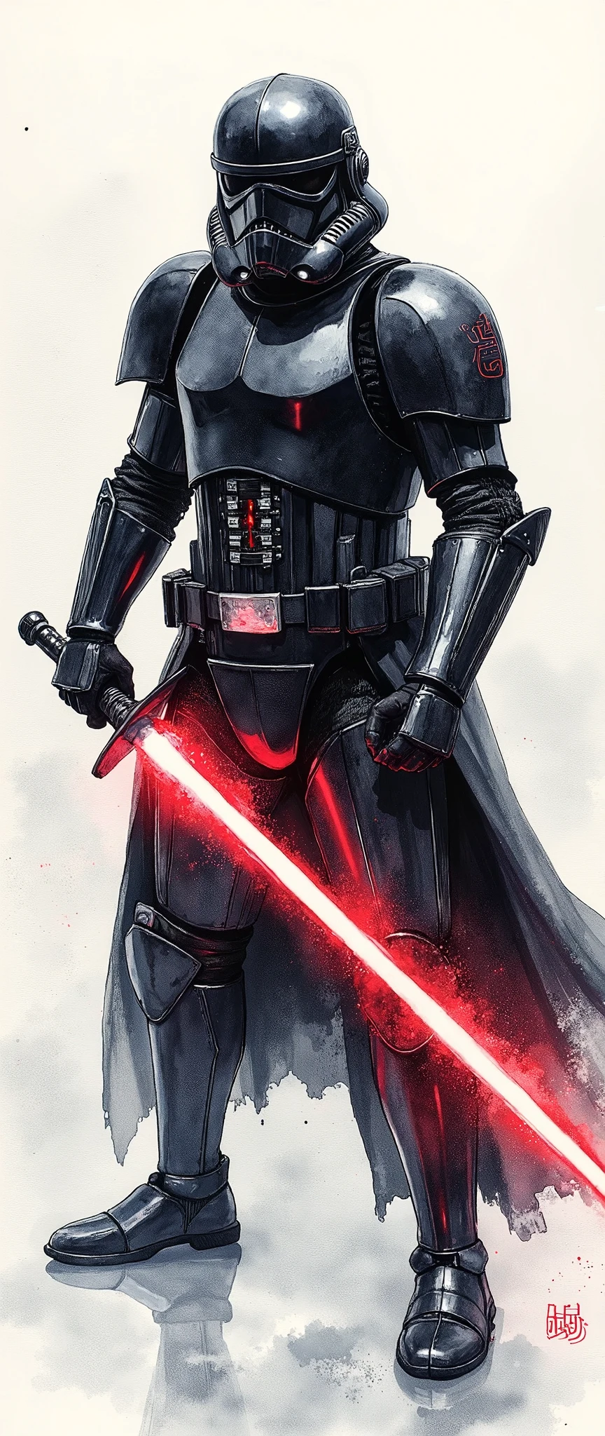 (masterpiece:1.2,exceptional quality,Mirror finish,  Cinematic Experience  ,  best illustration ,Super detailed),8k,wallpaper,(Watercolor),(Sword:2.0),(Lightsabre:2.0),( Star Wars:2.0),( A black stormtrooper designed like samurai armor:2.0),(Captain Phasma Style :2.0),(Slash:2.0),(battle:2.0),(Sword筋を赤いレーザー線の残像で表現する:2.0),( dynamic :2.0)