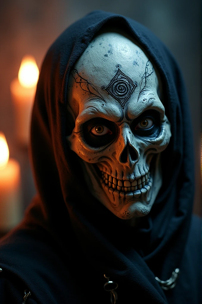 (papel de parede 8k extremamente detalhado), a medium-shot shot photo of a fearful necromancer, intrincado, alto detalhe, dramatic, caveira