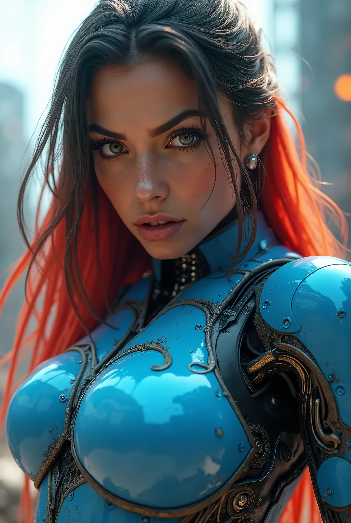 ((best qualityer)), ((work of art)), (detailded:1.4), photograph of a beautiful cyberpunk woman, (wearing soft organic technology armor), (Long, shapeless hair), breasts big, (cowboy shot), (Depth of field), Maximum clarity and sharpness, octane rendering, (cinematic lighting),large aperture,Low ISO,White balance,rule of thirds,8K CRU
