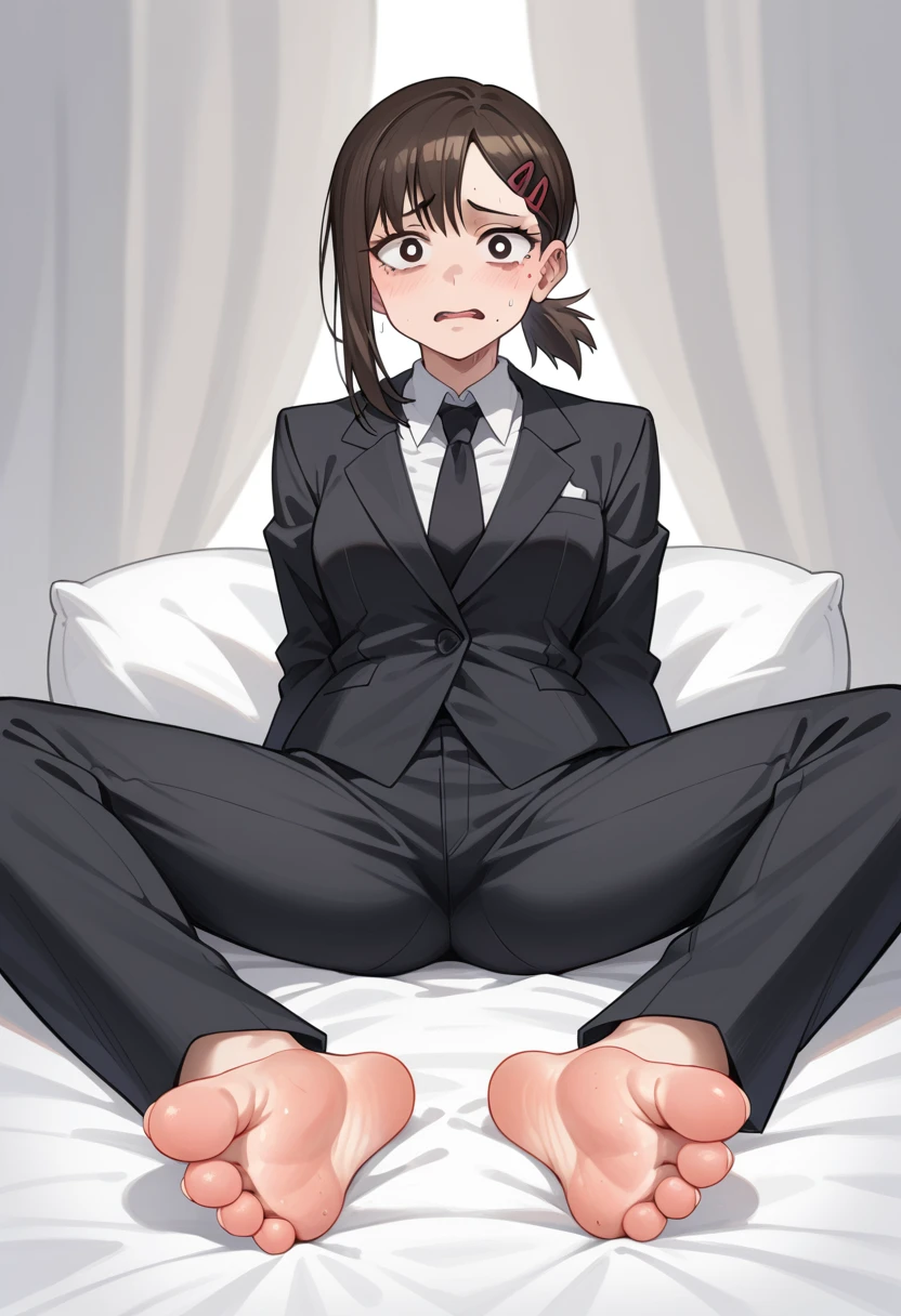 (masterpiece) (best quality) (detailed) (8k) (sharp focus), woman,  higashiyama kobeni,feet, soles,spread legs, show sole,feet focus,(big feet).detail of feet, Elijahzx style, black suit, black pants,jujutsu kaisen style,