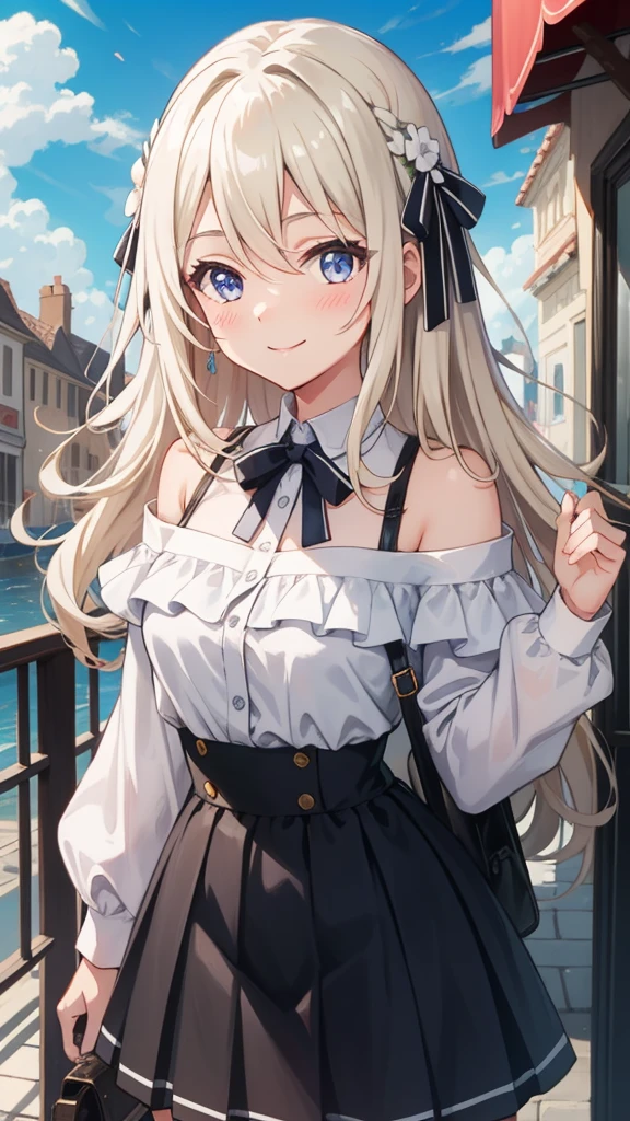 Best Quality,  anatomically correct, masterpiece,  1 girl, solo, Blonde, Long Hair,  straight hair , sky blue eyes,Droopy eyes, Beautiful breasts, small breasts, purple off-shoulder sweater,white high waisted skirt , long skirt, Blushing ,  close your mouth,happiness/joy,  Seductive Smiles, Mischievous,  is standing, hands folded behind back , simple background , Around town