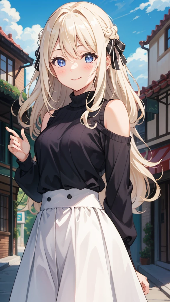 Best Quality,  anatomically correct, masterpiece,  1 girl, solo, Blonde, Long Hair,  straight hair , sky blue eyes,Droopy eyes, Beautiful breasts, small breasts, purple off-shoulder sweater,white high waisted skirt , long skirt, Blushing ,  close your mouth,happiness/joy,  Seductive Smiles, Mischievous,  is standing, hands folded behind back , simple background , Around town