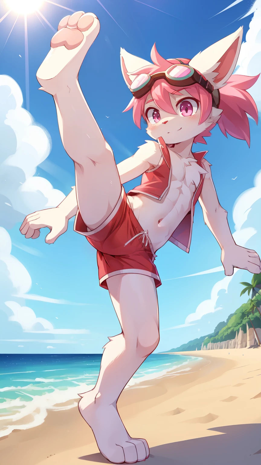 Furry shota, rabbit, long rabbit ears, pink hair, long spiky ponytail, detailed body fur, Pink eyes, purple hawaiian shirt, open clothes, black swim trunks, goggles, masterpiece, looking at you, white body fur, detailed face, big eyebrows, detailed eyes, detailed body, no muscles, beach, clear sky, detailed hands, flat body, glistering body, skinny, spectacular effects, dynamic angle,