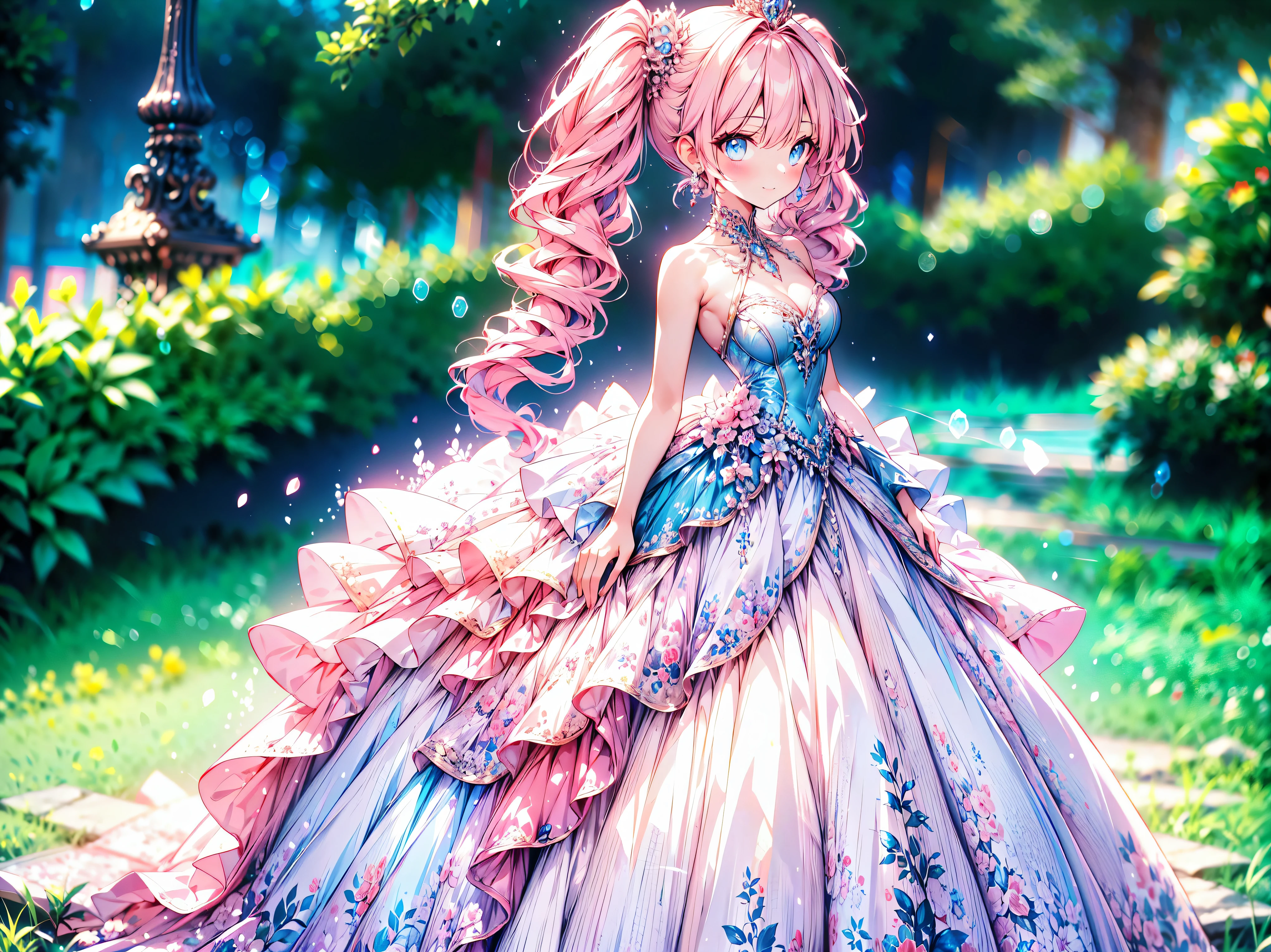 ((Superbly detailed drawing, ultra detailed, exquisite quality, absolutely resolution)), ultra luxurious rococo victorian gown, huge hoop skirt with volume and expanse, princess style skirt with long hems, extremely complex and difficult understand structure, and ultra multi structured ruffles at ultra detailed and beautiful, finest gown,  
BREAK 
((fluffy long twintails)), super voluminous long expressive, asymmetrical bangs, (hair pink hair), tiara, huge breasts, happy smile, super detailed skin, super delicate and beautiful face, kawaii face, hyper detail face, slant eyes, 
BREAK 
 (eyes blue eyes), (blurry background:1.5), (depth of field), backlighting, caustics, ((fog, fantasy castle)), (dynamic angle:1.3), amazing digital paint, anime moe art style, magnificent panorama view, 
BREAK 
 (((young face solo princess)), ((looking at viewer, from above, leaning forward)), ((front view)), (((arms behind back))), ((full body)),