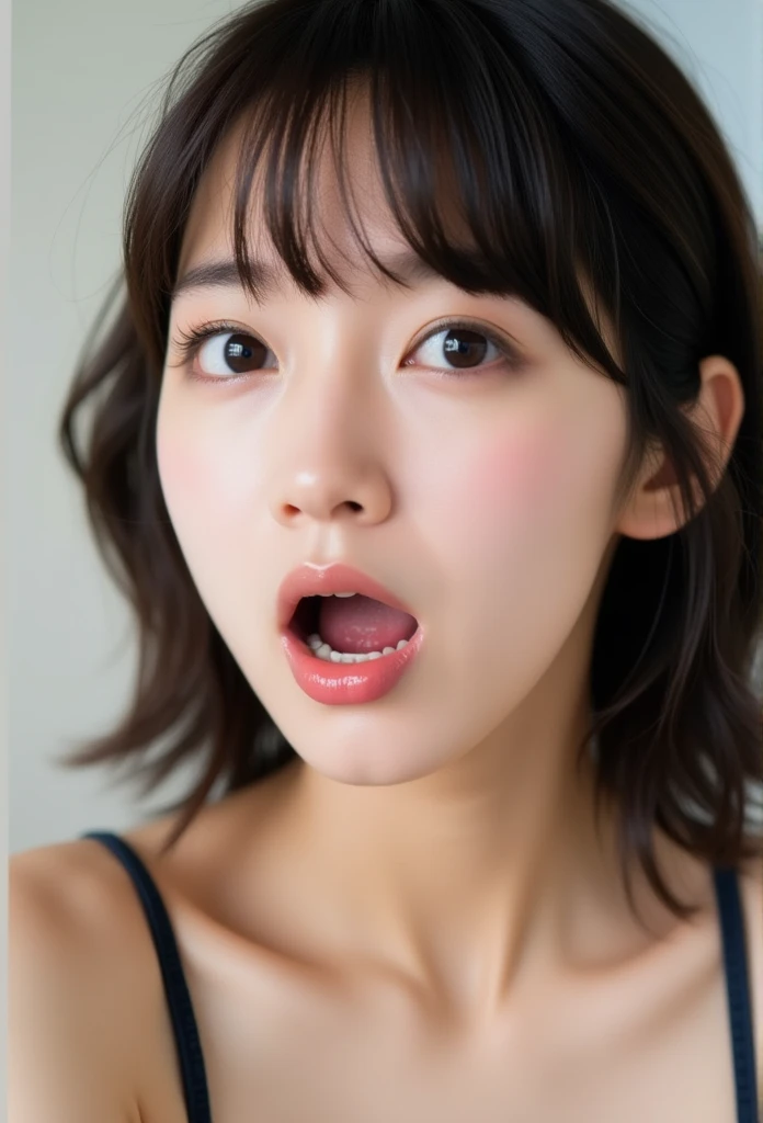 Picture of a woman's face 、( sharp focus ), From below, ( please kneel and look upward:1.10), ((Open your mouth:1.6)), ( stick out your tongue:1.8), (Ultra-detailed beautiful faces:1.10), (Ultra-detailed beautiful slim body,upper_body:1.9), 21 years old, ( Super Detailed Beautiful Japanese Beauty Female Idols:1.7), ( troubled face:1.3), Woman in the center of the image, break,  photorealistic,  hyperrealism,  portrait of young adorable Japanese face, Japanese facial features,  Young and Cute Skinny Oriental Faces,  Bust Up Shot, 21 years old idol with a cute face,  beautiful Japanese girl's face , Japanese facial features,  she has a lovely look , ( micro bikini :1.5), 