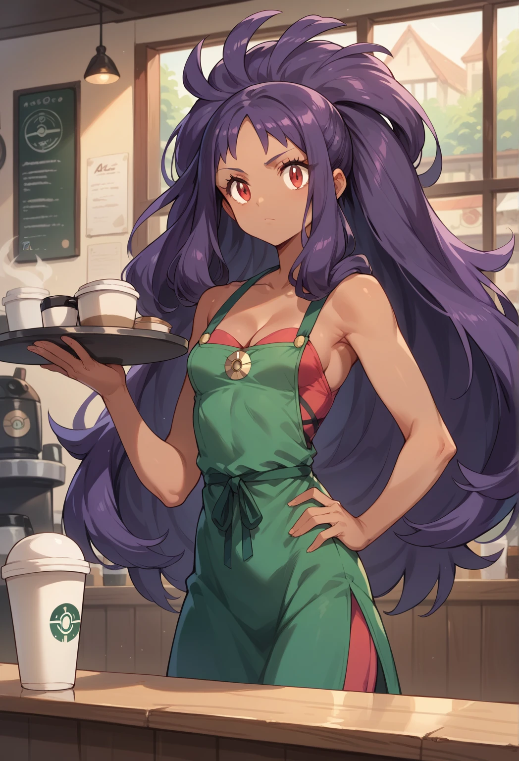 Best Quality, Masterpiece, ultra high resolution, iris \(pokemon\), purple hair, long hair, red eyes, dark skin, big hair,small breasts,  BREAK hair,indoors,coffee shop,hand on hip,holding_tray, cleavage