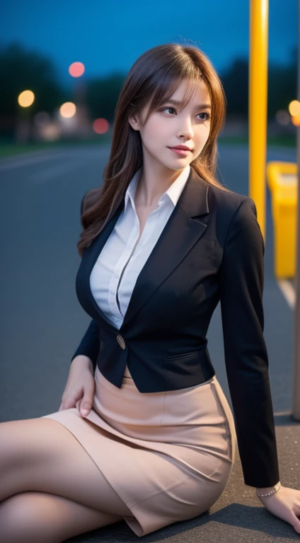 a 17 year old girl, she is the most beautiful actress in the world, the perfect body proportions of this girl, the blazer is appropriately buttoned up on the formal shirt above the short skirt, indirect bulge of her clothed large breasts, detaled genitalia between the opened legs of this girl who is sitting on the bench, her anus below her vagina between her opened legs, it's just the front of her body, it's just one description, her feet of her opened legs are both apart, at the street, nsfw, best quality, highly detailed, masterpiece, ultra high res, photo realistic, 8k, RAW photo