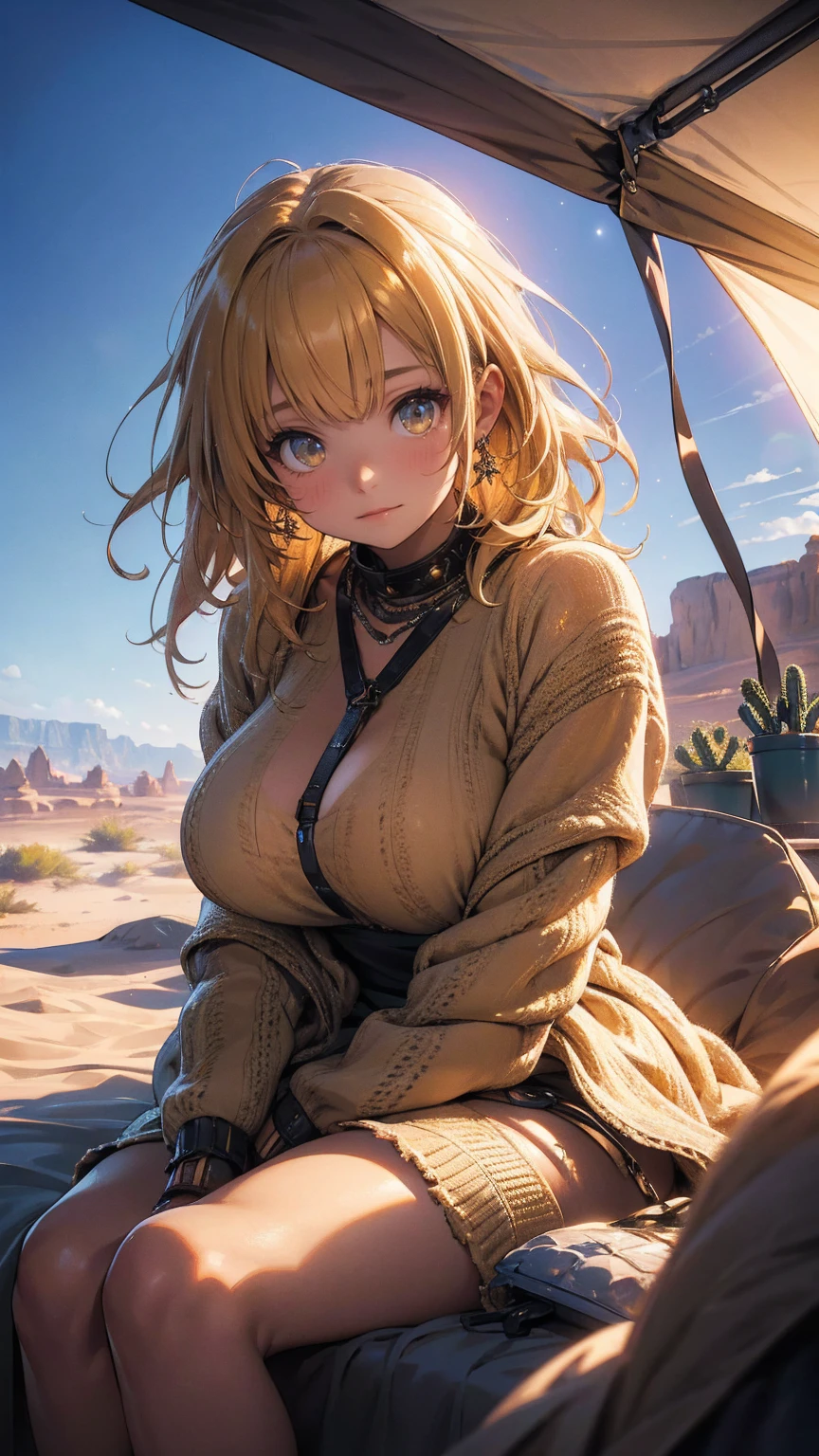 a tent in the desert with cacti, detailed desert landscape, detailed cacti, warm lighting, gigantic-breasts-cute-1girl sitting in tent, golden hour lighting, detailed textures, (best quality,4k,8k,highres,masterpiece:1.2),ultra-detailed,(realistic,photorealistic,photo-realistic:1.37), HDR, UHD, studio lighting, ultra-fine painting, sharp focus, physically-based rendering, extreme detail description, professional, vivid colors, bokeh, desert photography