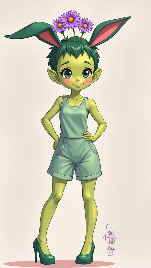 6 poses, Bruce Timm style, character sheet, goblin little girl, 13 years old, sharp teeth, young, cute, light-blue eyes, green skin, asymmetrical black short hair hime cut hanging further down on the left side, uneasy smile, very short, standing poses, perfect anatomy, perfect hands,