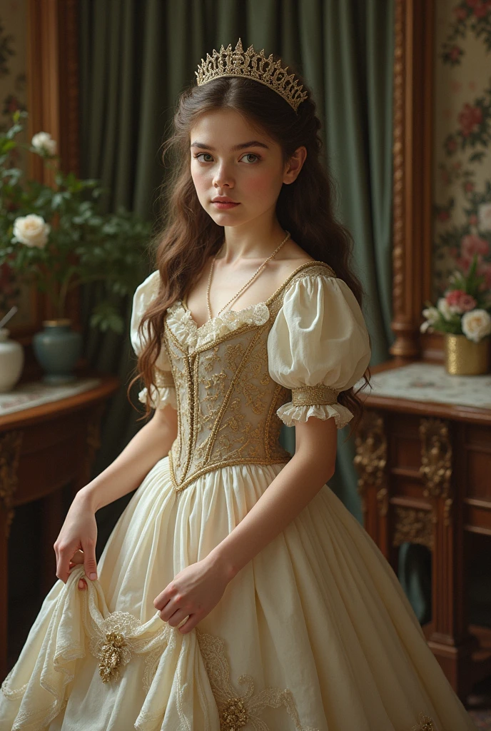 (best quality,4k,8k,highres,masterpiece:1.2), ultra-detailed, (realistic,photorealistic,photo-realistic:1.37),In the portrait of this enchanting 13-year-old girl, the daughter of a prosperous merchant during the flourishing 17th century in the Netherlands, every brushstroke captures the essence of her youth and nude innocence. Her golden locks cascade in gentle waves, adorned with ribbons and pearls that speak of her family's affluence. Each curl seems to dance in the light, framing her cherubic face with an air of purity and grace. Her eyes, wide and bright, reflect the curiosity and wonder of childhood, as if every glance is filled with endless possibilities. Her rosy cheeks flush with vitality, a testament to her health and happiness in the embrace of her privileged upbringing. A delicate dimple graces her smile, adding a touch of sweetness to her countenance that is as charming as it is captivating. Dressed in the finest silks and lace, her gown whispers softly with every movement, a symphony of luxury and refinement. Embroidered motifs and intricate details adorn her attire, showcasing the exquisite craftsmanship of the era and her family's esteemed status in society. In her hands, she holds a posy of fresh flowers, their vibrant colors mirroring the bloom of her youth. With each delicate petal, she seems to embody the essence of spring itself, a beacon of hope and renewal in a world filled with uncertainty. This portrait of the 12-year-old daughter of a prosperous Dutch merchant is not just a representation of beauty; it's a window into a bygone era of elegance, privilege, and the timeless innocence of youth.sexy cleavage,offshoulder dress
