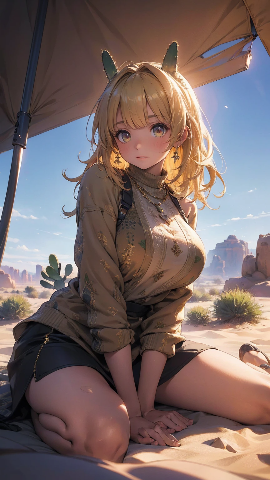 a tent in the desert with cacti, detailed desert landscape, detailed cacti, warm lighting, gigantic-breasts-cute-1girl sitting in tent, golden hour lighting, detailed textures, (best quality,4k,8k,highres,masterpiece:1.2),ultra-detailed,(realistic,photorealistic,photo-realistic:1.37), HDR, UHD, studio lighting, ultra-fine painting, sharp focus, physically-based rendering, extreme detail description, professional, vivid colors, bokeh, desert photography