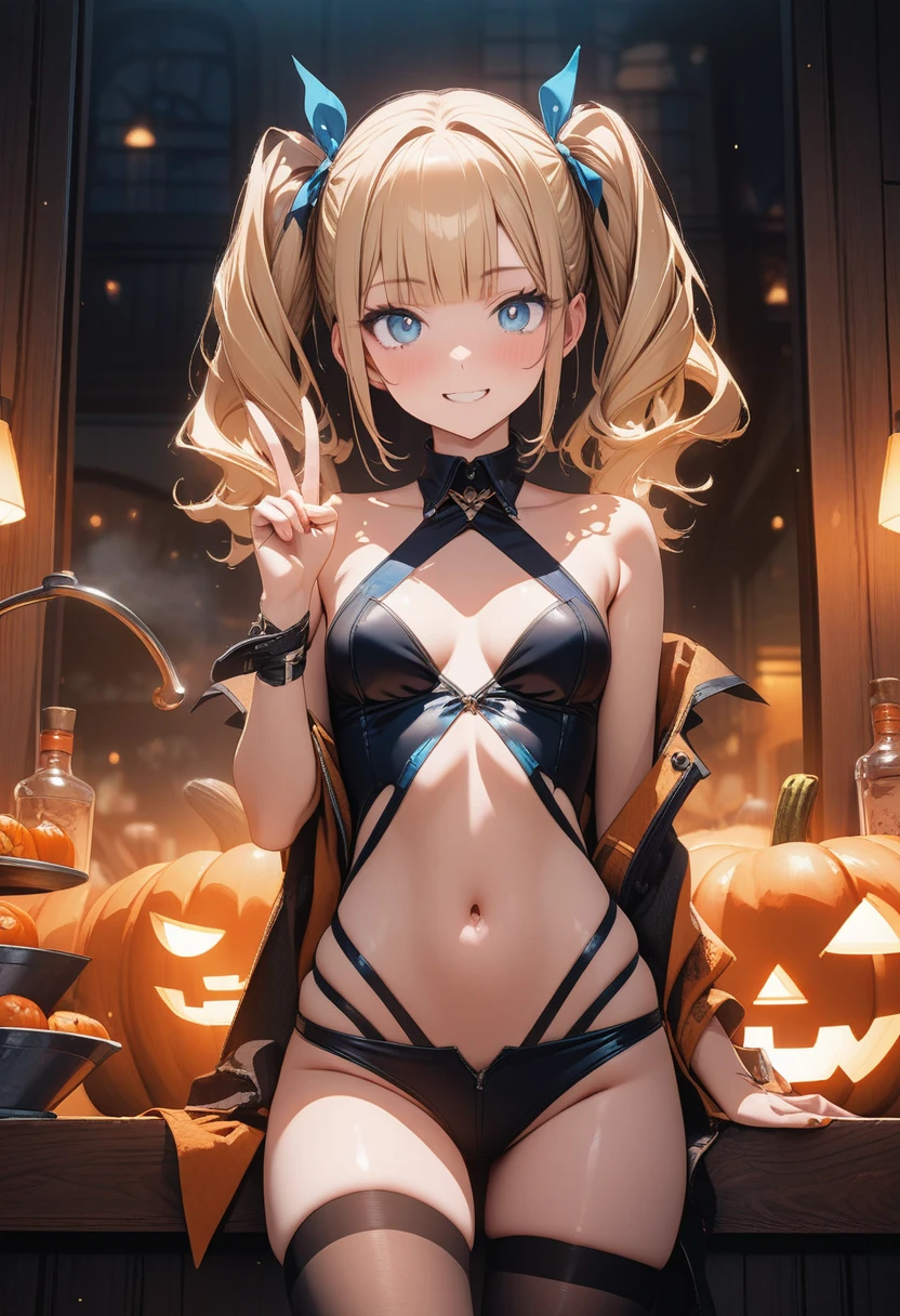NSFW,1 girl,Rikajo、Long Hair、Blonde Hair、Green Eyes、Small breasts、tooth,Halloween,(Perfect hands),(Perfect Anatomy),(masterpiece),(highest quality),Embarrassed,blush
