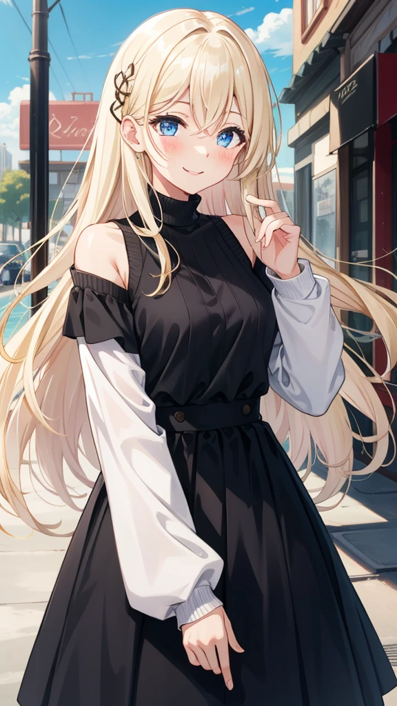 Best Quality,  anatomically correct, masterpiece,  1 girl, solo, Blonde, Long Hair,  straight hair , sky blue eyes,Droopy eyes,  medium chest,white off-the-shoulder sweater,Black long skirt, Blushing ,  close your mouth,happiness/joy,  Seductive Smiles, Mischievous,  is standing, hands folded behind back , simple background , Around town