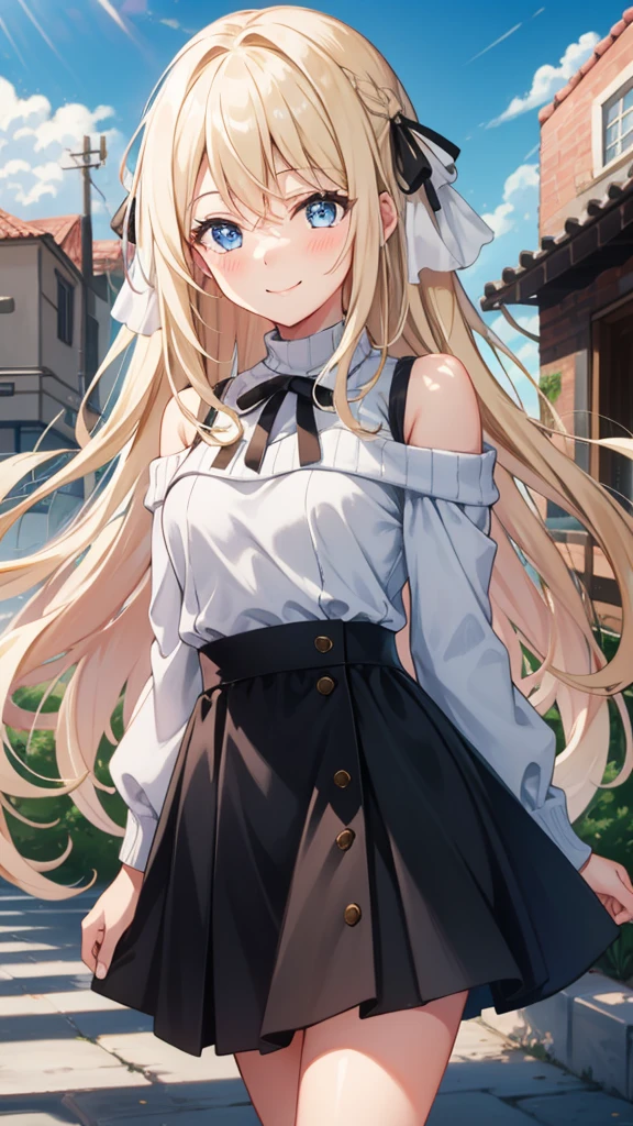 Best Quality,  anatomically correct, masterpiece,  1 girl, solo, Blonde, Long Hair,  straight hair , sky blue eyes,Droopy eyes,  medium chest,white off-the-shoulder sweater,Black long skirt, Blushing ,  close your mouth,happiness/joy,  Seductive Smiles, Mischievous,  is standing, hands folded behind back , simple background , Around town