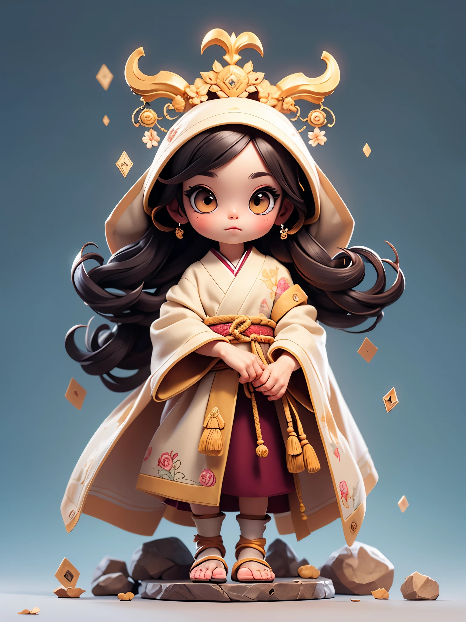  Create a chibi onmyoji image , Alone， simple background ，a small, Simple hair , Big head, Japanese Onmyoji.  The transparent body can be seen through . The image is clear and detailed ., beautiful colors and..  raise your arms , foot, eye,nose, mouth, ((Five fingers on a hand))， ((Five toes)), colorful background for working,  anatomically correct,  simple background ,  shortcuts, bangs, Symmetrical, 