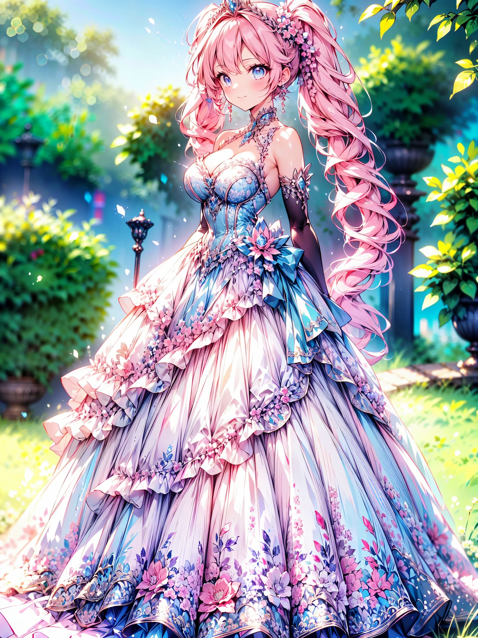 ((Superbly detailed drawing, ultra detailed, exquisite quality, absolutely resolution)), ultra luxurious rococo victorian gown, huge hoop skirt with volume and expanse, princess style skirt with long hems, extremely complex and difficult understand structure, and ultra multi structured ruffles at ultra detailed and beautiful, finest gown,  
BREAK 
((fluffy long twintails)), super voluminous long expressive, asymmetrical bangs, (hair pink hair), tiara, huge breasts, happy smile, super detailed skin, super delicate and beautiful face, kawaii face, hyper detail face, slant eyes, 
BREAK 
 (eyes blue eyes), (blurry background:1.5), (depth of field), backlighting, caustics, ((fog, fantasy castle)), (dynamic angle:1.3), amazing digital paint, anime moe art style, magnificent panorama view, 
BREAK 
 (((young face solo princess)), ((looking at viewer, from above, leaning forward)), (((front view))), (((arms behind back))), ((full body)),