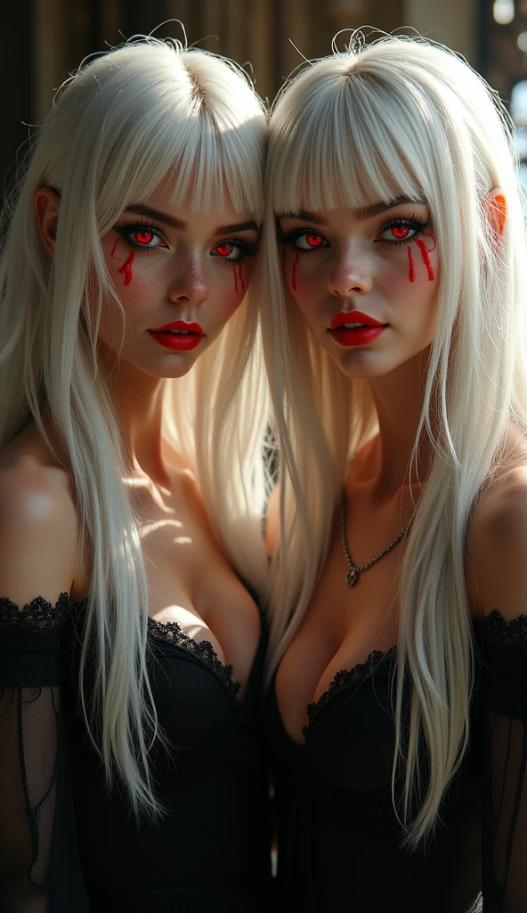 masterpiece, best quality, vampire family, full figure skinny mom whit old daughter, cinematic, moonlight, night, masterpiece, best quality, maryarya, full body shot, an elegant tall slender girl, 8k, perfect and deep shadows, detailed eyes, full body shot, high quality picture, high detailed background, HD shadows, (red glowing eyes:1.2), an evil grin, fangs are visible, pale skin, neodark