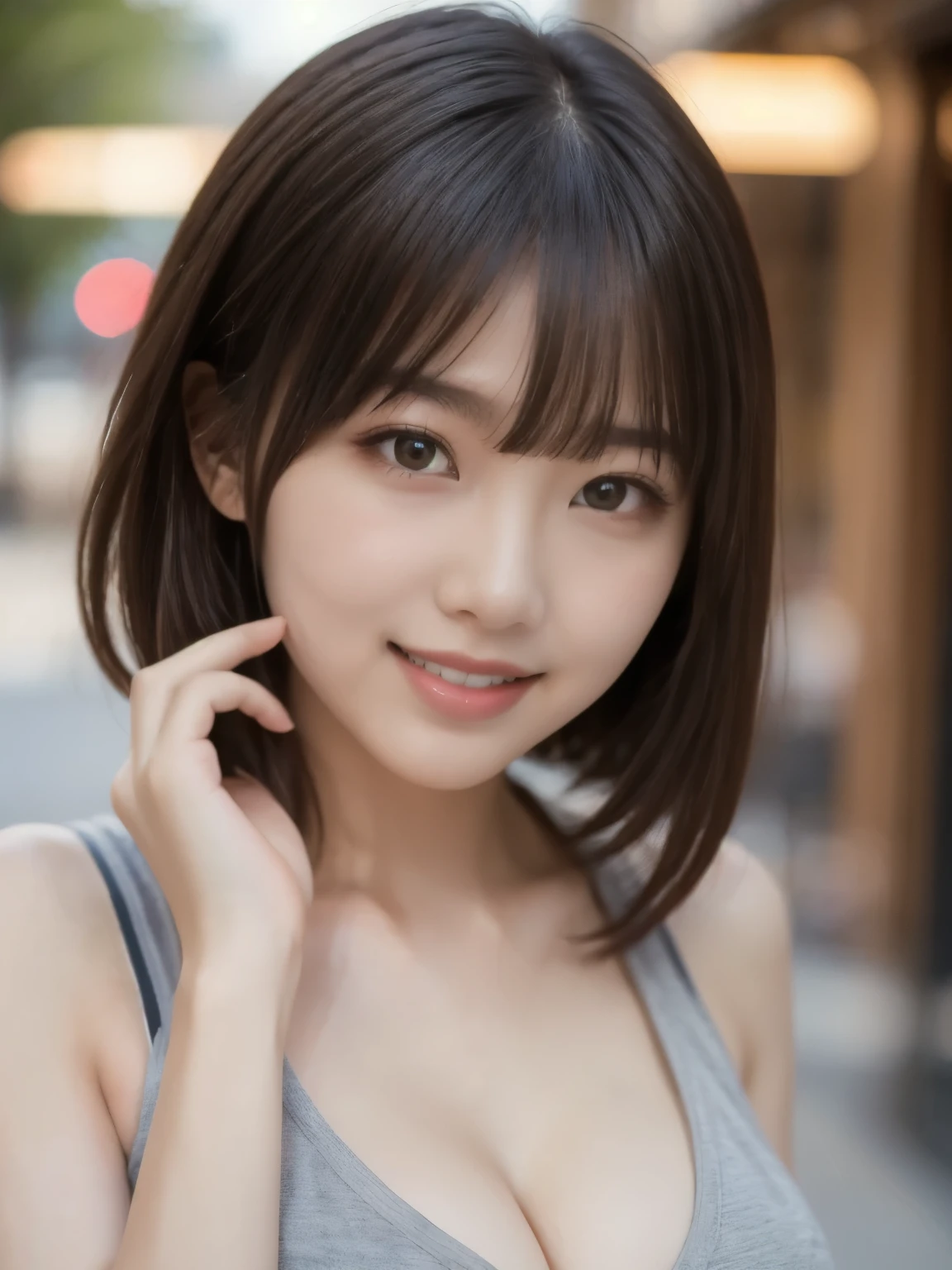 8k、Best Quality、Ultra Wide Angle Monofocal Lens 、(Representative Works:1.2)、( real)、( real:1.37)、One high school girl、 beautiful alignment of teeth、Well-formed fingers、Around town、( cute plain clothes)、Big Breasts、 Perfect Body 、Gravure photoshoot、Perfect Fingers、Beautiful Skin、Professional Lighting、Face and skin detail、Microparticles、 RAW Photos